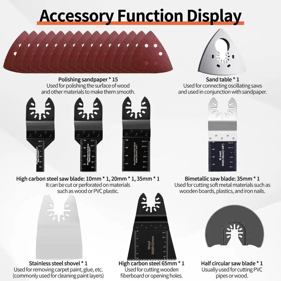 أداة متعددة متأرجحة مع 23 قطعة من أدوات التخزين وشفرات التغيير السريع للخشب المعدني PVC تتضمن قرص صنفرة ومكشطة و15 Sa