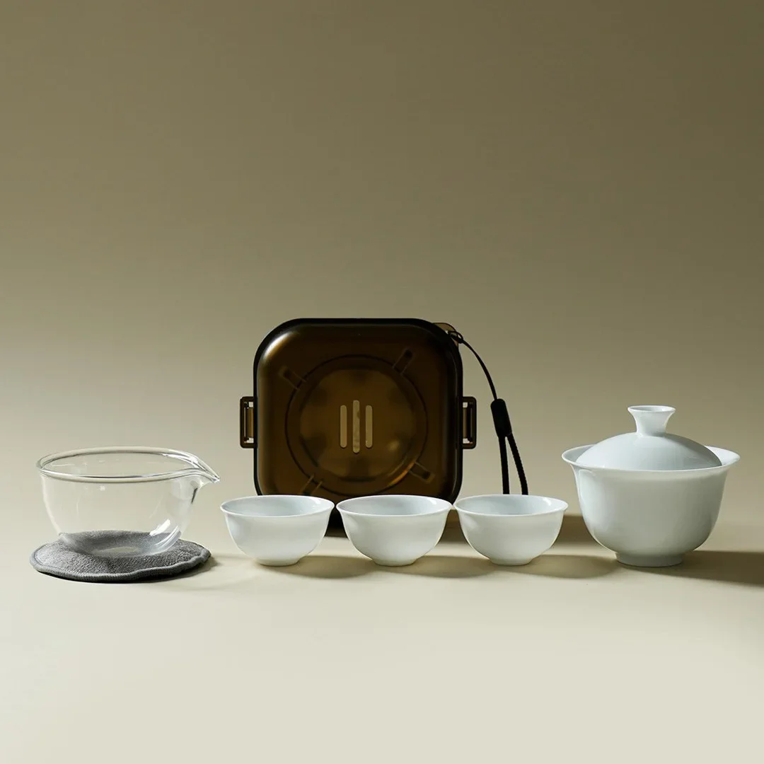 Travel Tea Set Portable Quick Cup Shadow Green Covered Bowl One Pot Three Cups Portable Outdoor White Luxury Cup Camping Tea Set