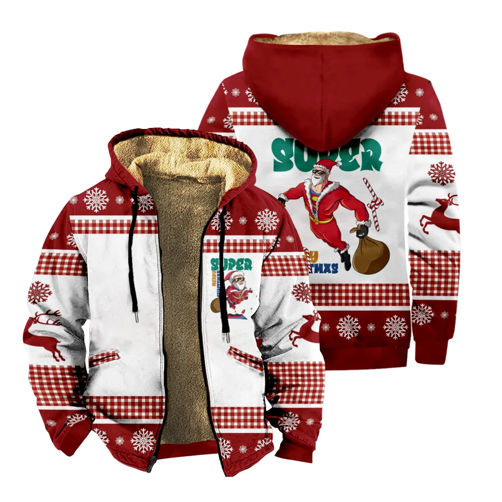 

Men's Winter Christmas Parkas Cartoon Print Funny Santa Claus Long Sleeve Warm Jacket for Men/Women Thick Clothing Streetwear