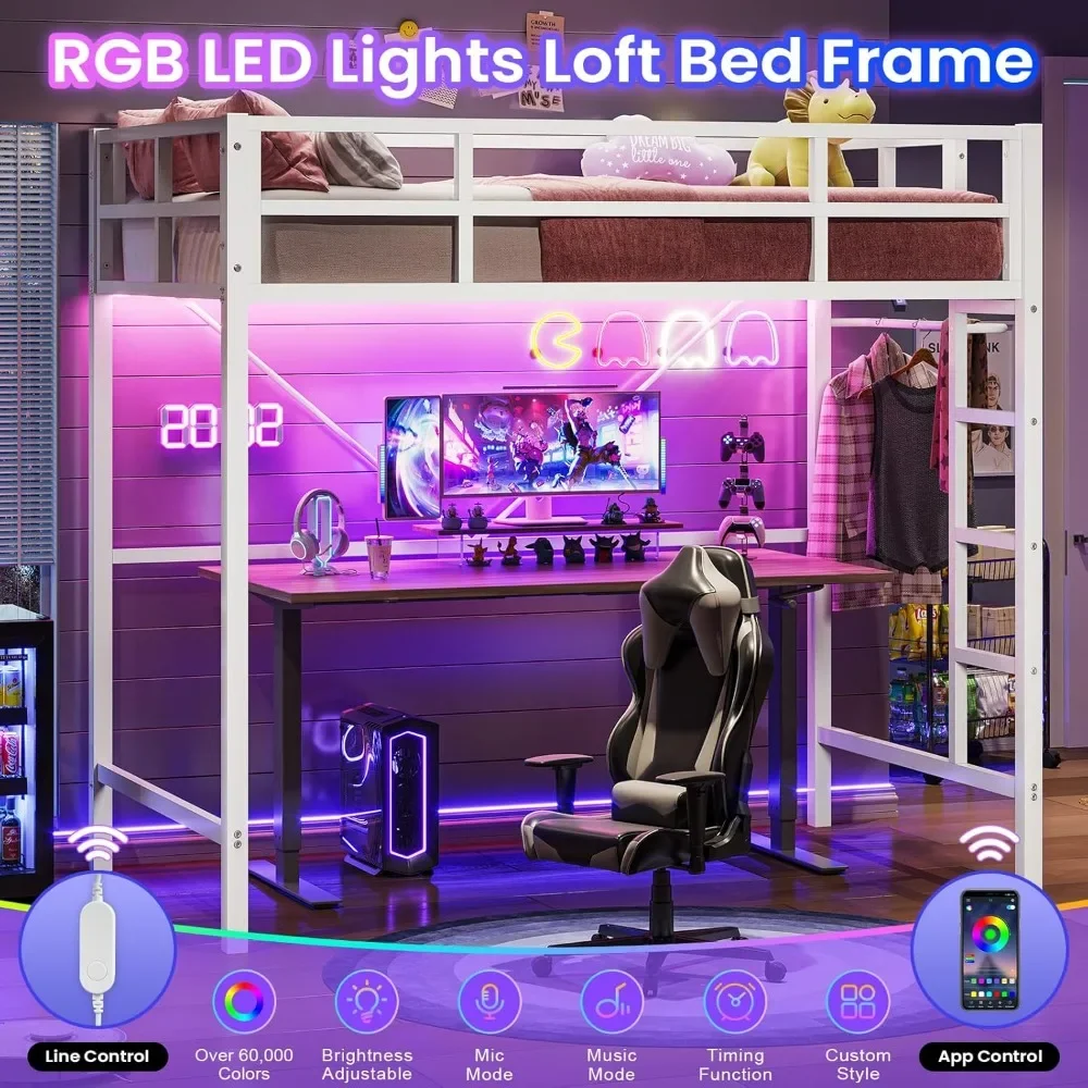 Twin Loft Bed with LED Lights, Loft Bed LED Twin Size with Full-Length Guardrail &Clothes Rack, Heavy Duty Loft Bed Twin Frame