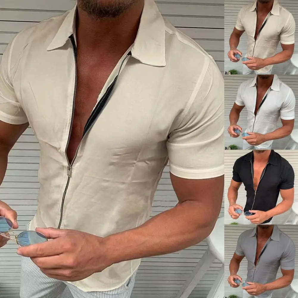 Chic Shirt Friendly to Skin Slim Fit Zipper Bright Summer Top  Men Top Lapel