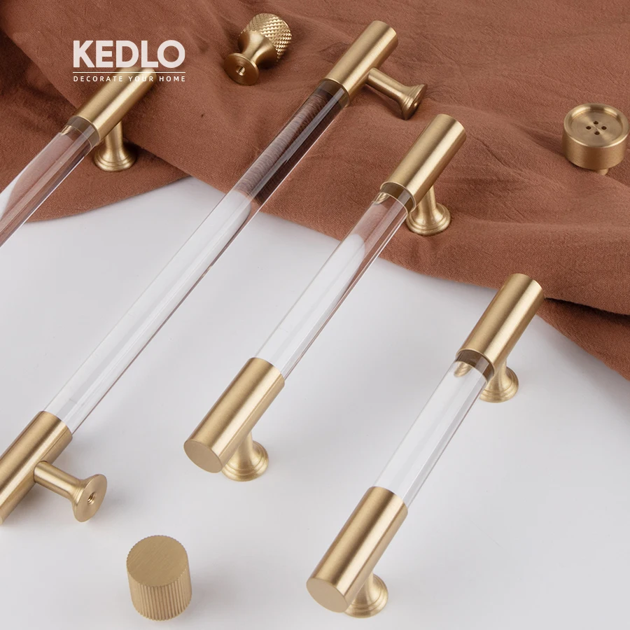 

KEDLO Modern minimalist acrylic transparent long Pull kitchen cabinet solid brass foot handle drawer handle
