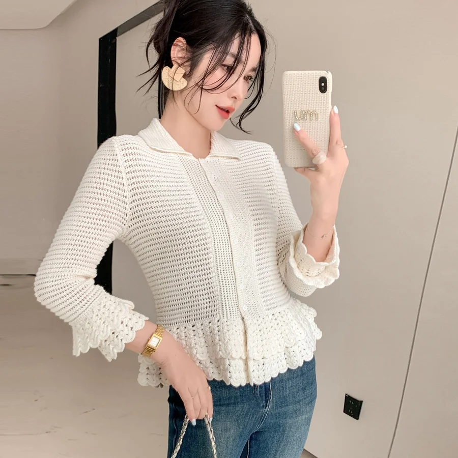

Chic Early Autumn New Sle Knitted Sweater Women's Long Sve Hollow out Bordered Bell Sve Turn-down Collar Faion Set