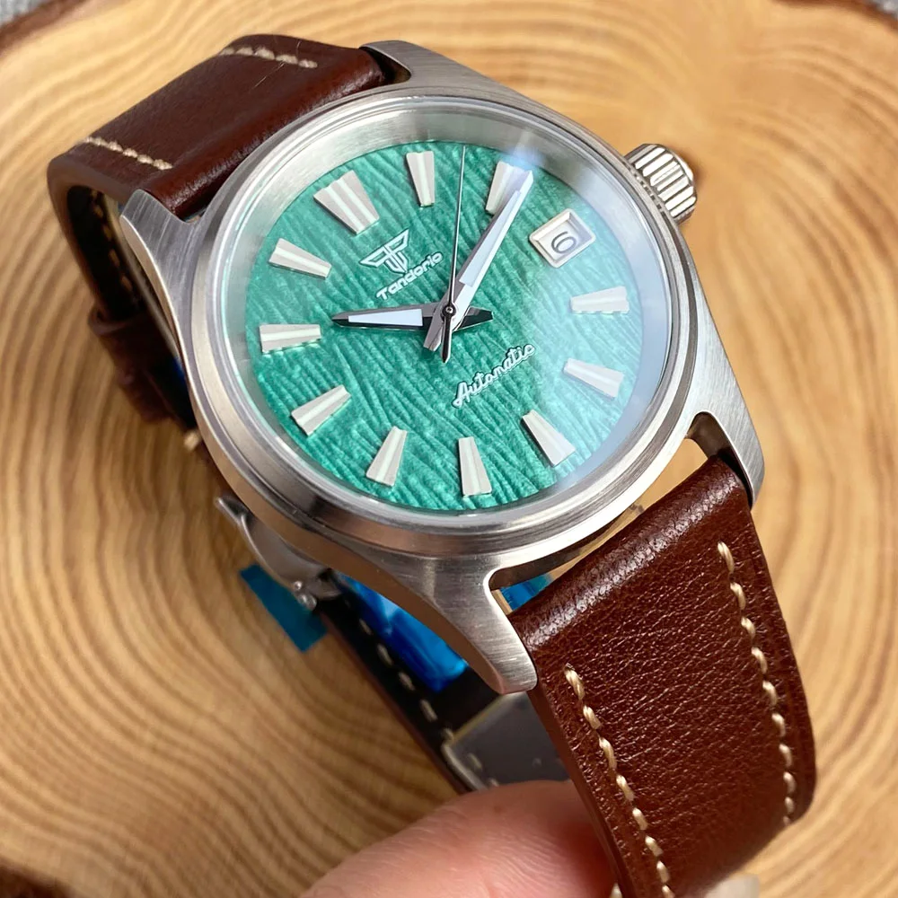 Tandorio Vintage Green 36mm Field Military Watch Diver NH35 Mechanical Selfwinding Wristwatch Sapphire Glass Silver Edge Hand