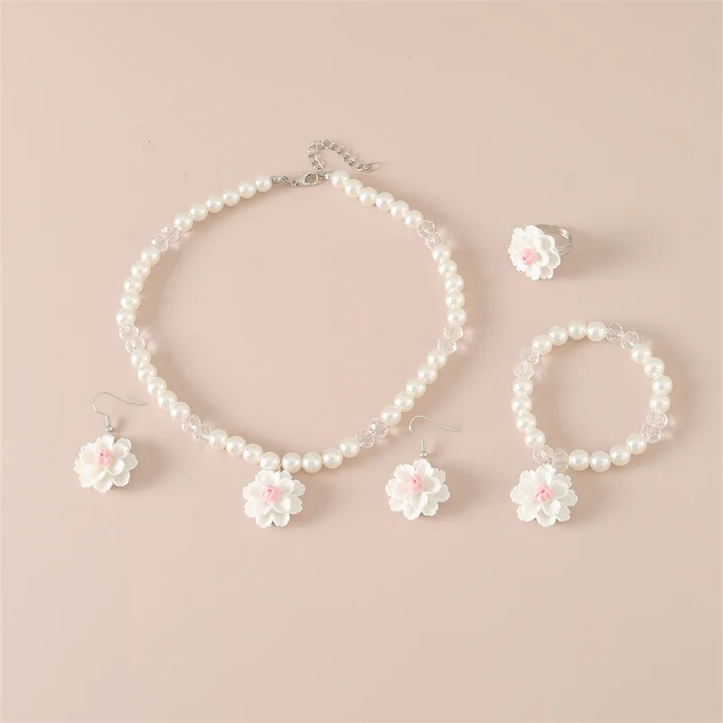 4pcs/Set Sweet & Charming Light Luxury Kids Flower Necklace Set - 4Pcs Cute Fake Pearl Pendant Jewelry