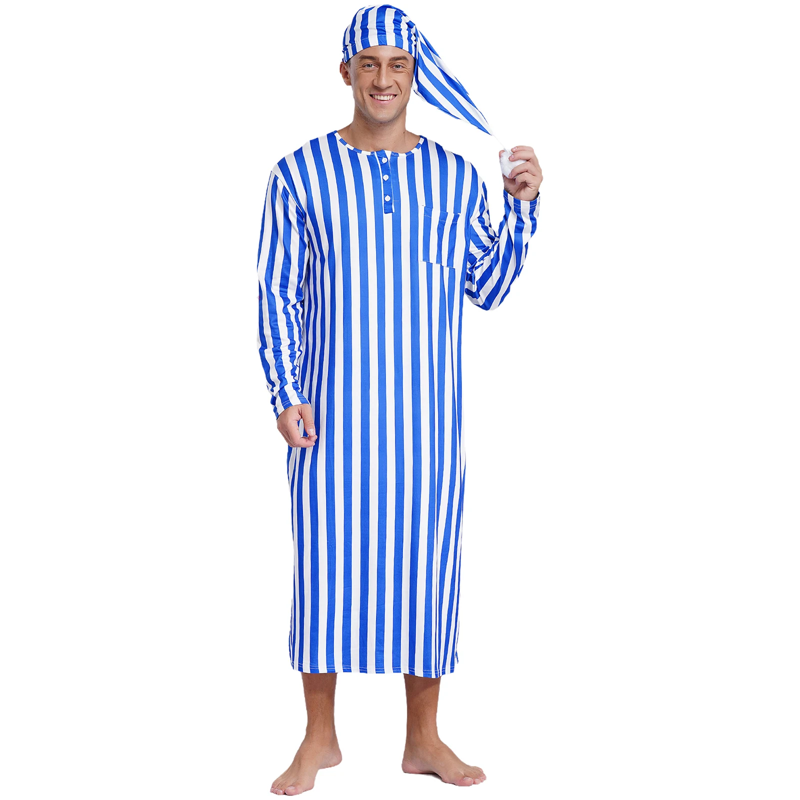 Mens Arabian Muslim Pajamas Adjustable Sleep Hat Robe with Hat Long Sleeve Long Robe And Pompom Cosplay Outfits Sissy Nightwear