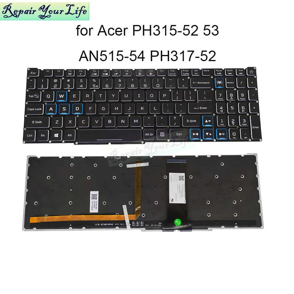 

US RU RGB Backlit Keyboard For Acer Helios PH315-52 53 PH317-53 52 N18I2 N18I3 AN515-54 LG5P-P90BRL English Russian Backlight