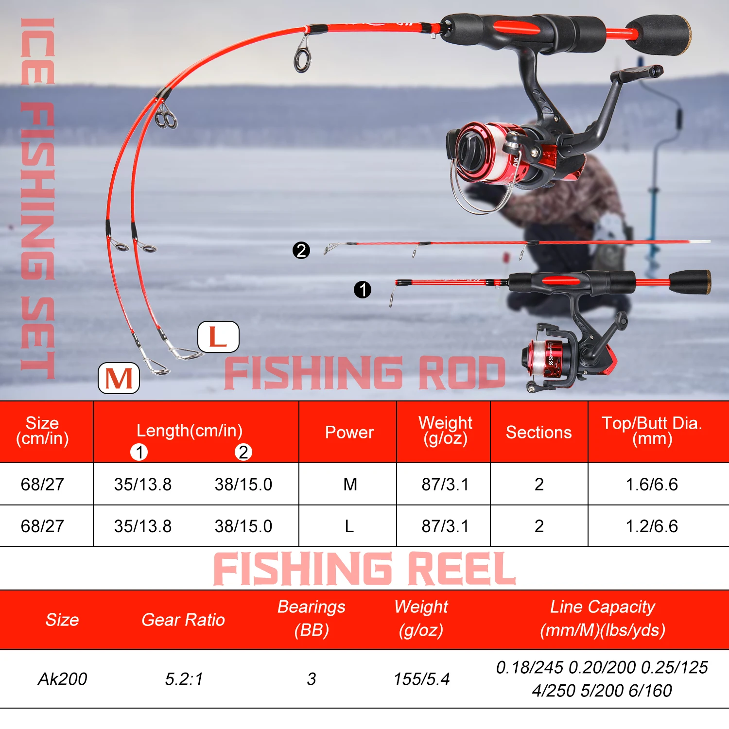 Sougayilang pêche sur glace Combo 68 cm 2 sections EVA poignée canne à pêche sur glace avec 5.2:1 3BB moulinet de pêche traînée maximale 5 kg Kit de pêche