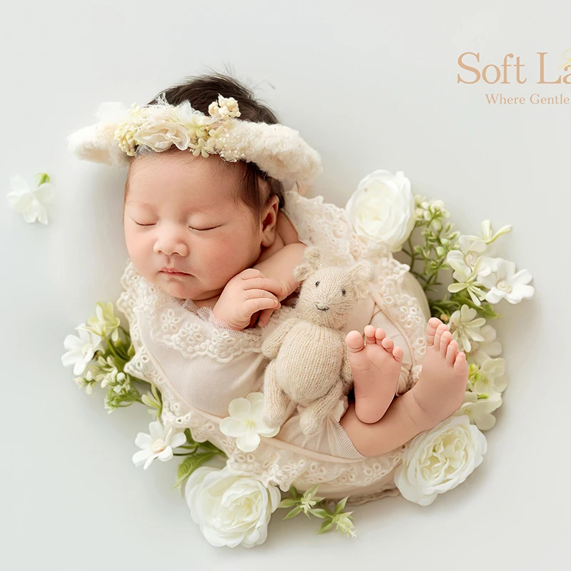 Newborn Baby Photo Props Vintage Lace Wrap Floral Headband Set Infant Girl Photoshoot Outfit Studio Photography Accessories
