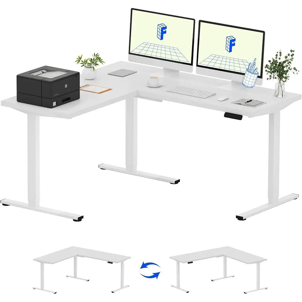 L Shaped Electric Height Adjustable Standing Desk Corner Workstation with LED Control Pad Memory Settings and Steel Frame