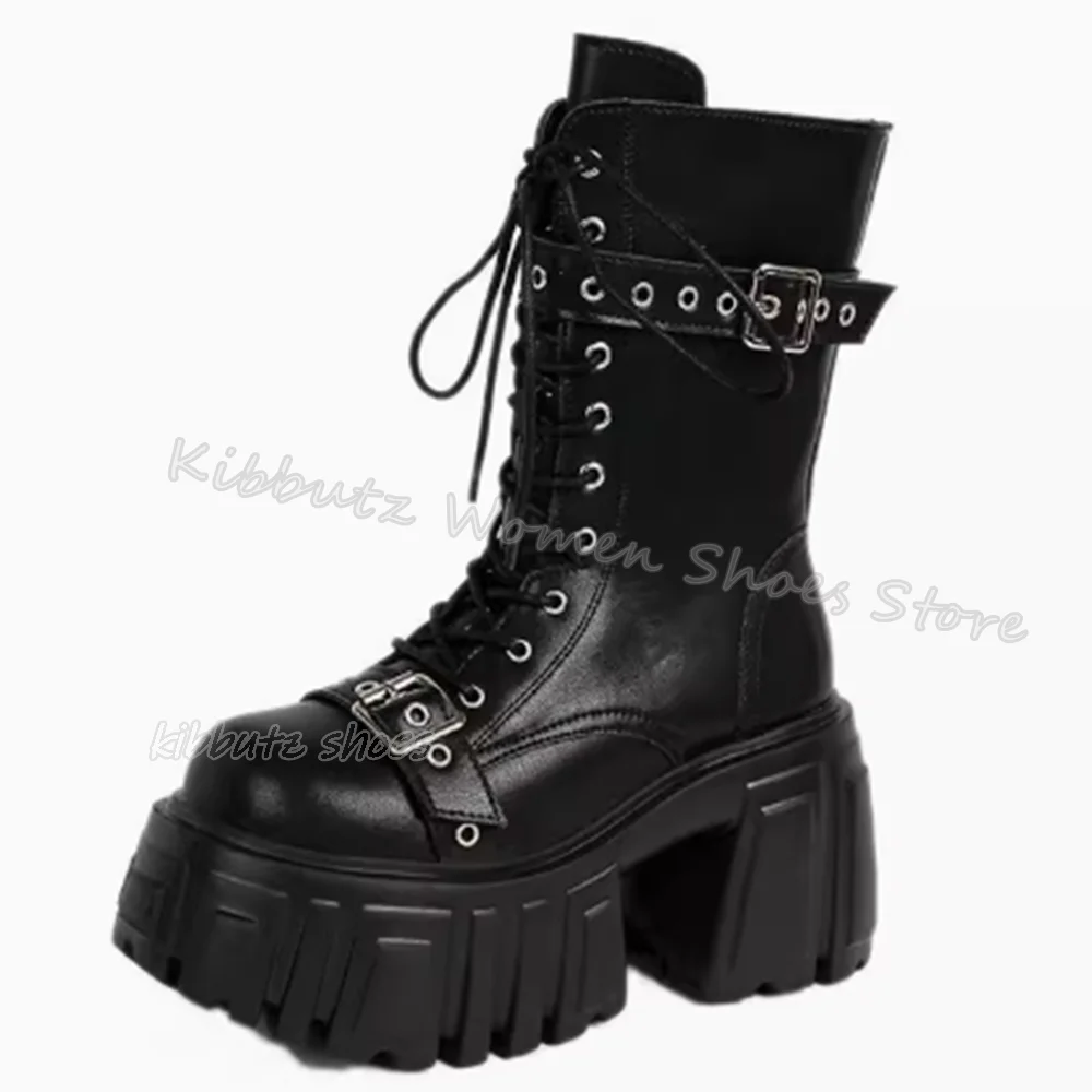 Mid Calf Boots Gothic Rock Punk Genuine Leather Solid Color Fashion Novelty Sexy Concise Elegant Slip-On Round Toe Shoes Newest