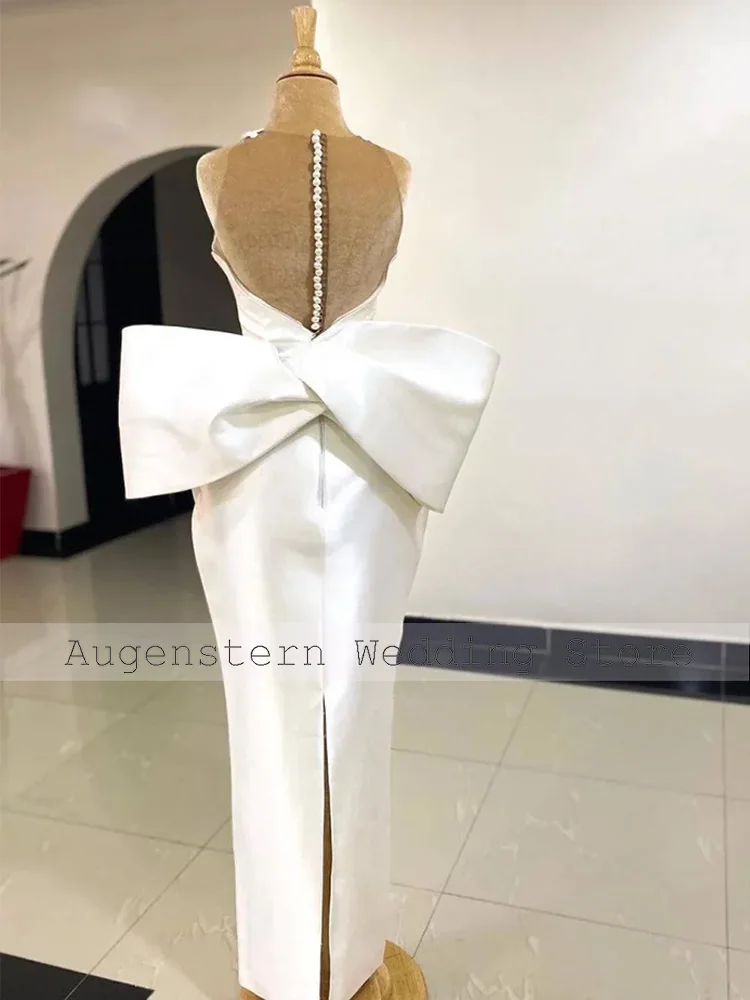 Customized Column Wedding Dress Satin Floor Length O Neck Court Wedding Gowns for Women Bride Big Bow Modern Bridal Dresses Long