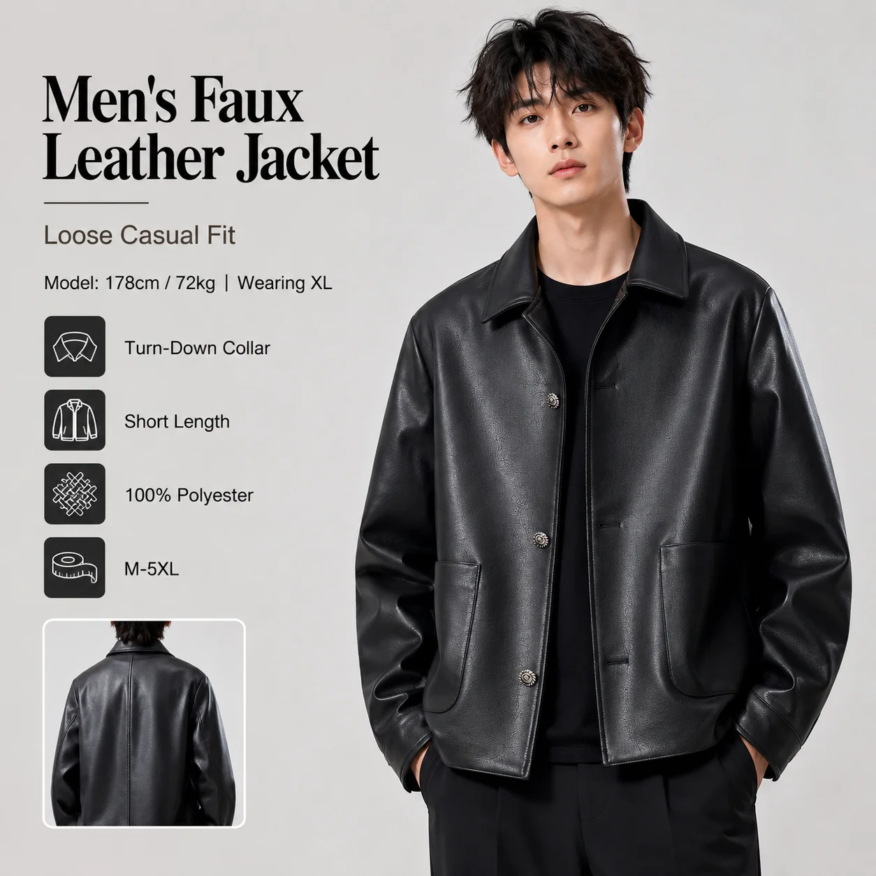 Men's Premium Faux Leather Jacket Cropped Boxy Fit Drop Shoulder Streetwear PU Coat Windproof Urban Casual Short Outerwear