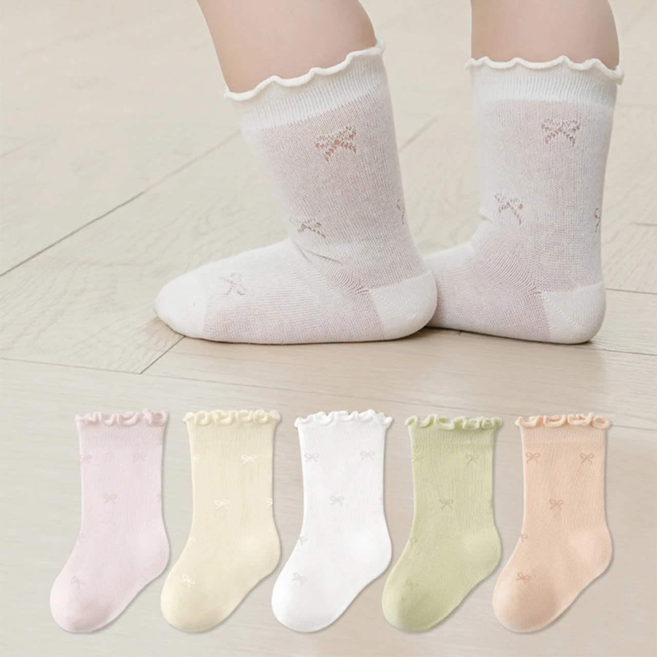 

Детские сетчатые носки с принтом и бантом. Тонкие дышащие хлопковые носки для новорожденных от 0 до 3 лет. Носки средней длины для мальчиков и девочек. Носки принцессы с рюшами и полями.