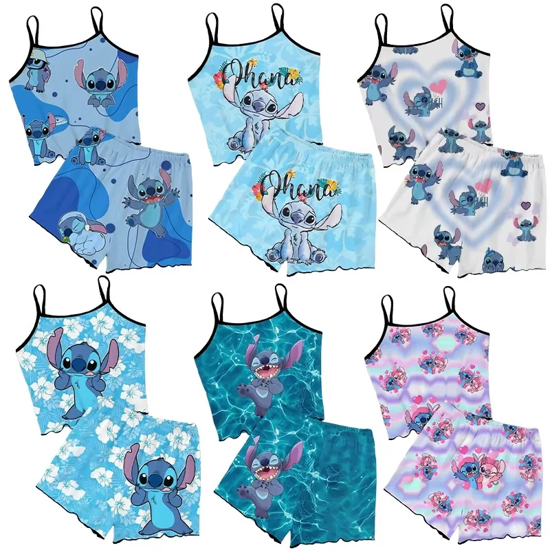 

Cartoon 2pcs Summer Stitch Print T-shirt Pajamas Set Anime Kawaii Girls Sexy Y2k Comfortable Casual Suspender Vest Shorts Suit