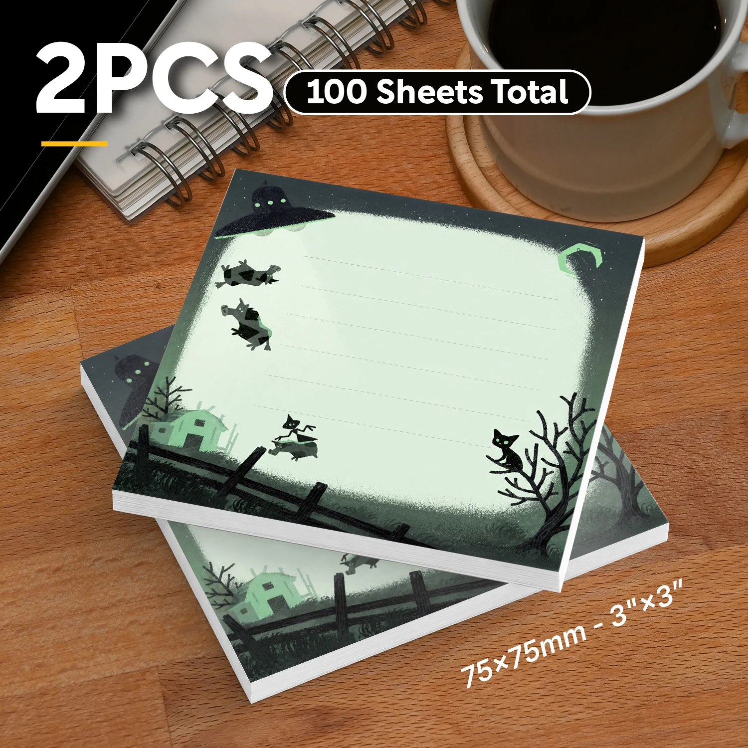 2PCS Alien Cat Self Adhesive Sticky Notes 100 Sheets UFO Space Funny Animal Lined Memo Pads Cute Sci-Fi Office Stationery
