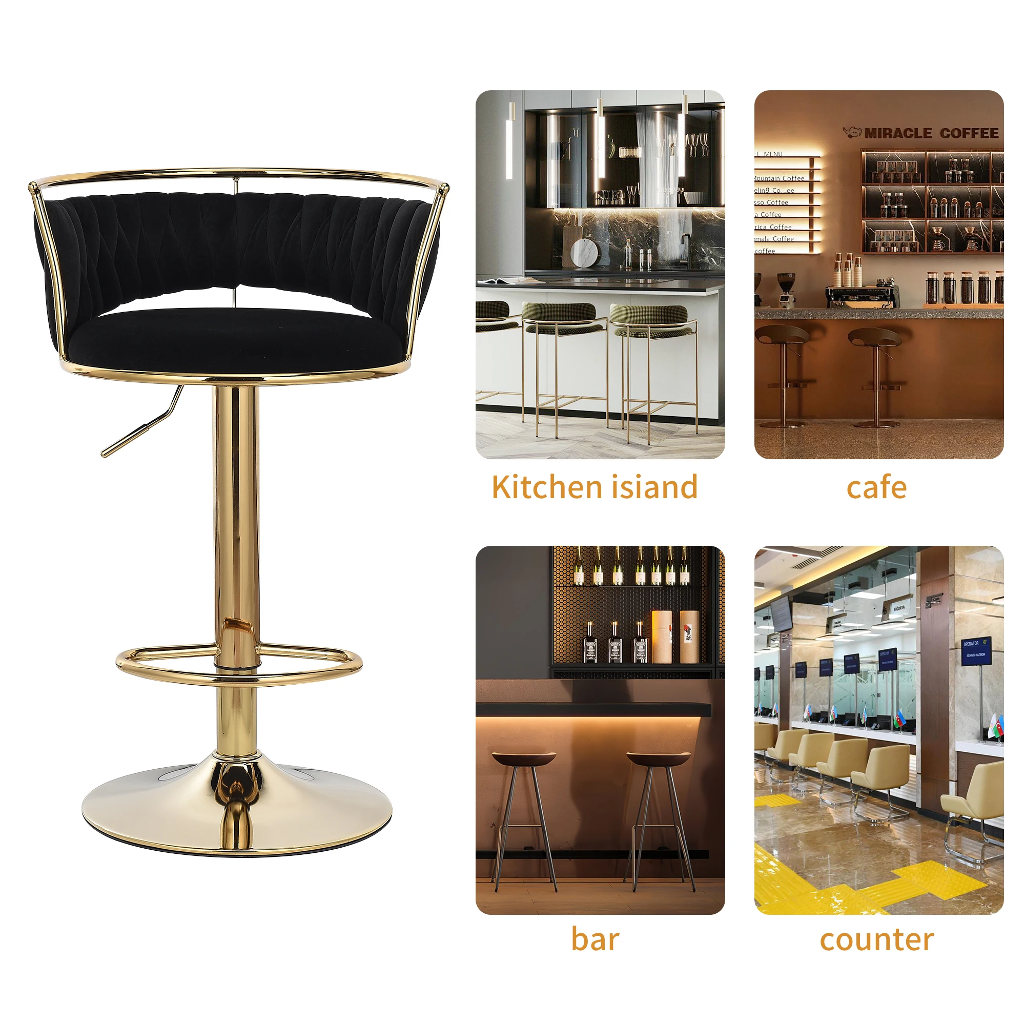 2 szt. Stołek barowy z regulacją wysokości, mały stołek barowy z oparciem, krzesłem, aksamitem i metalowym stołkiem na ladę, zestaw 2 szt.