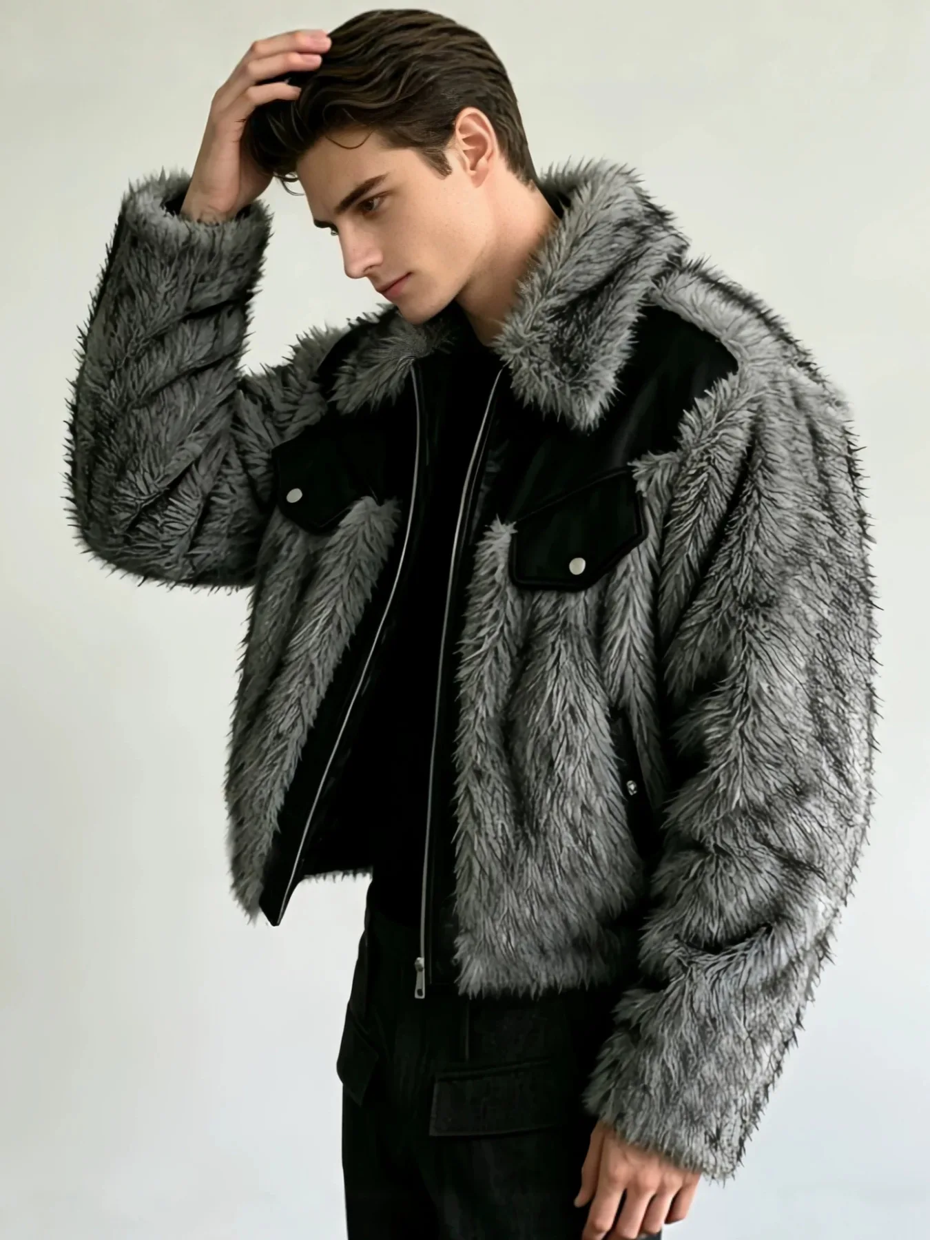 Men's Fashion Faux Fur Parkas With Patchwork Luxury Fur Overcoat Cotton Padded Thick Thermal Jacket Outerwear Coat For Male