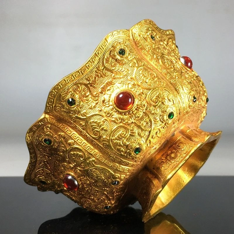 Antique Gilt Inlaid Gemstone Carved Flower Bowl, Tibetan Buddhist Offering Temple Sacrifice Ornamental Vessel Home Decor