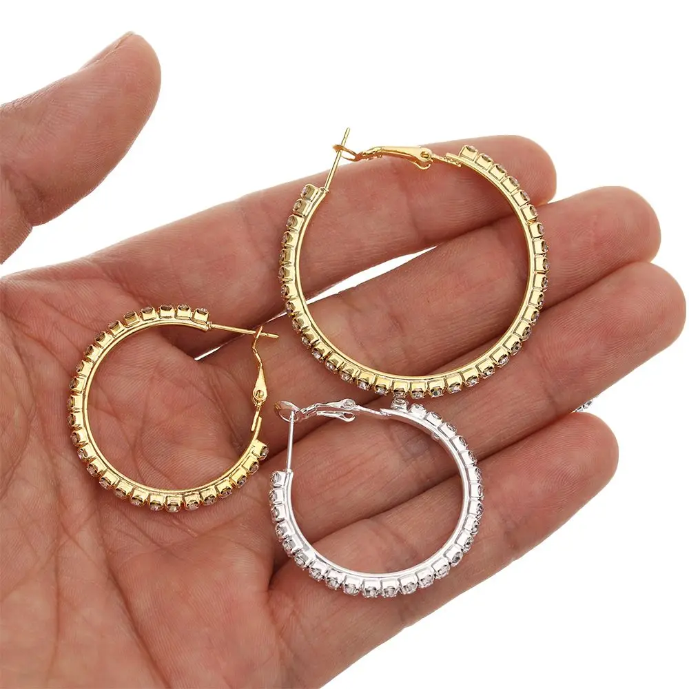 30-90mm Exaggerated Big Round Circle Earrings For Women Simple Rhinestone Hoop Drop Earrings Party Wedding Jewelry Gift