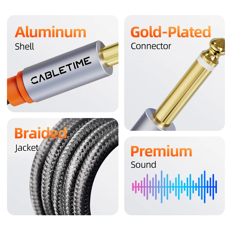 CABLETIME Kabel audio TRS 3,5 mm do podwójnego 6,5 mm Adapter AUX 6,5 Jack do stereo 3,5 Jack do miksera kart dźwiękowych IPhone PC — zdjęcie produktu 2