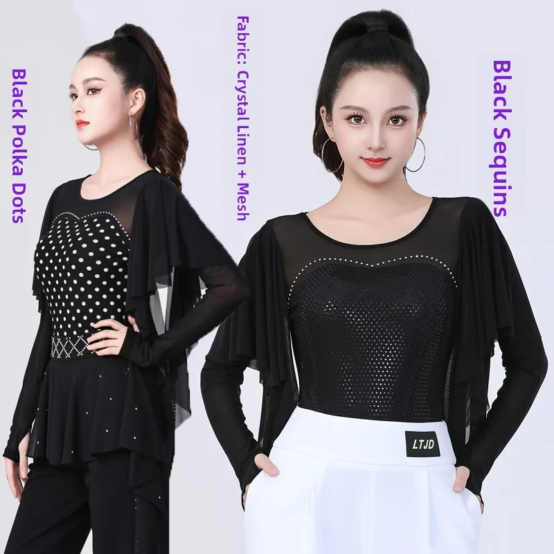 tenue-de-performance-de-danse-moderne-combinaison-de-danse-carree-uniforme-d'entrainement-de-pas-a-trois-pas-combinaison-a-sequins-a-col-rond-et-manches-volantes