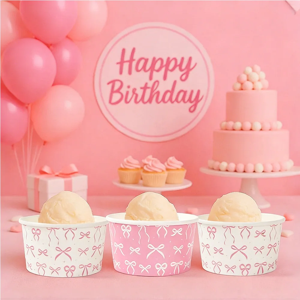 6/10/20/30/50 Stück Rosa Schleife Papier-Tischgeschirr Eiscreme-Schale Snack- und Obstbox Kindergeburtstag Baby-Shower Deko-Zubehör Geschenke – Detail 2