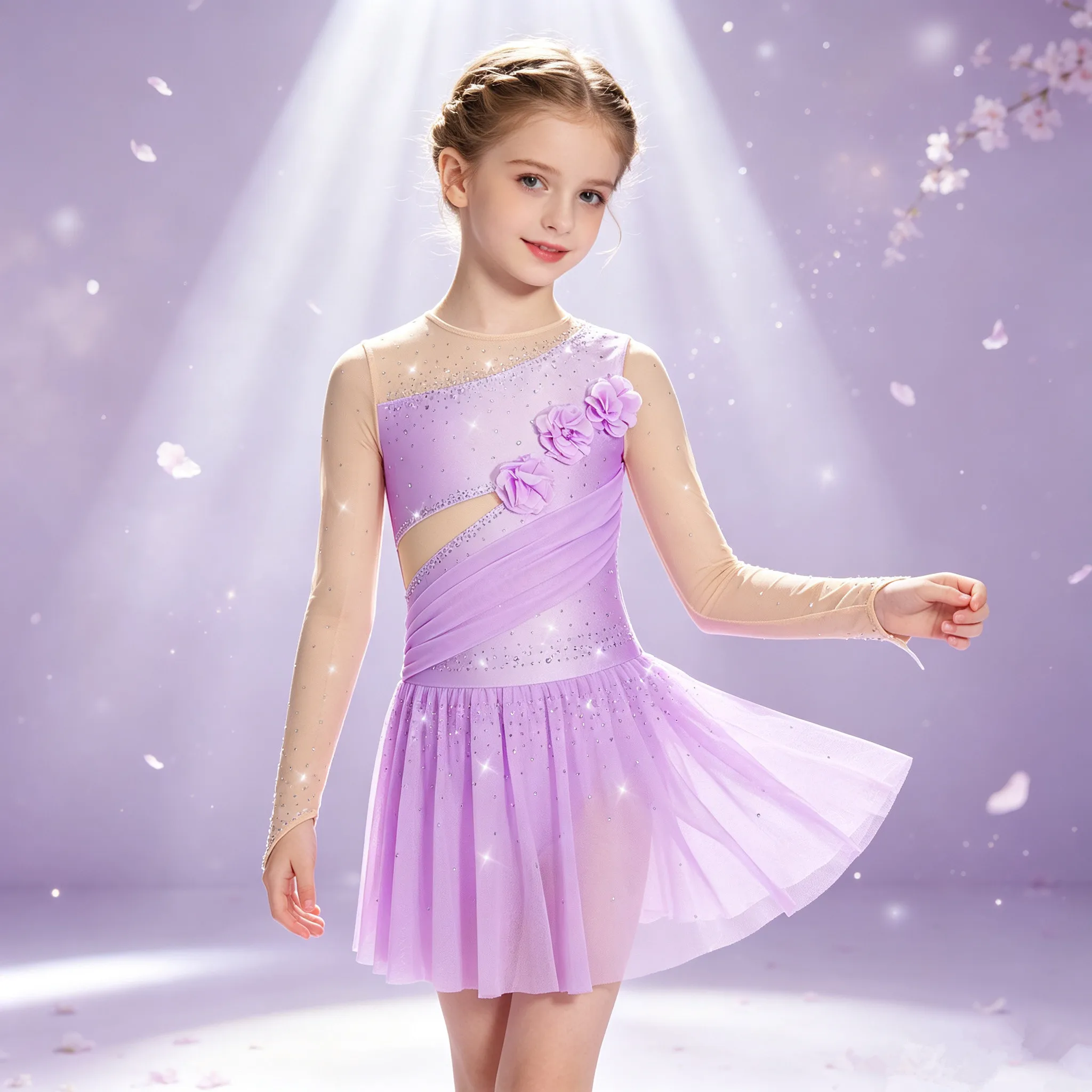 Glänzendes Ballett- und Eiskunstlaufkleid für Mädchen mit transparenten langen Ärmeln, Strasssteinen, 3D-Blumenmuster, hohlem Schnitt und Netzrock für die Bühne.