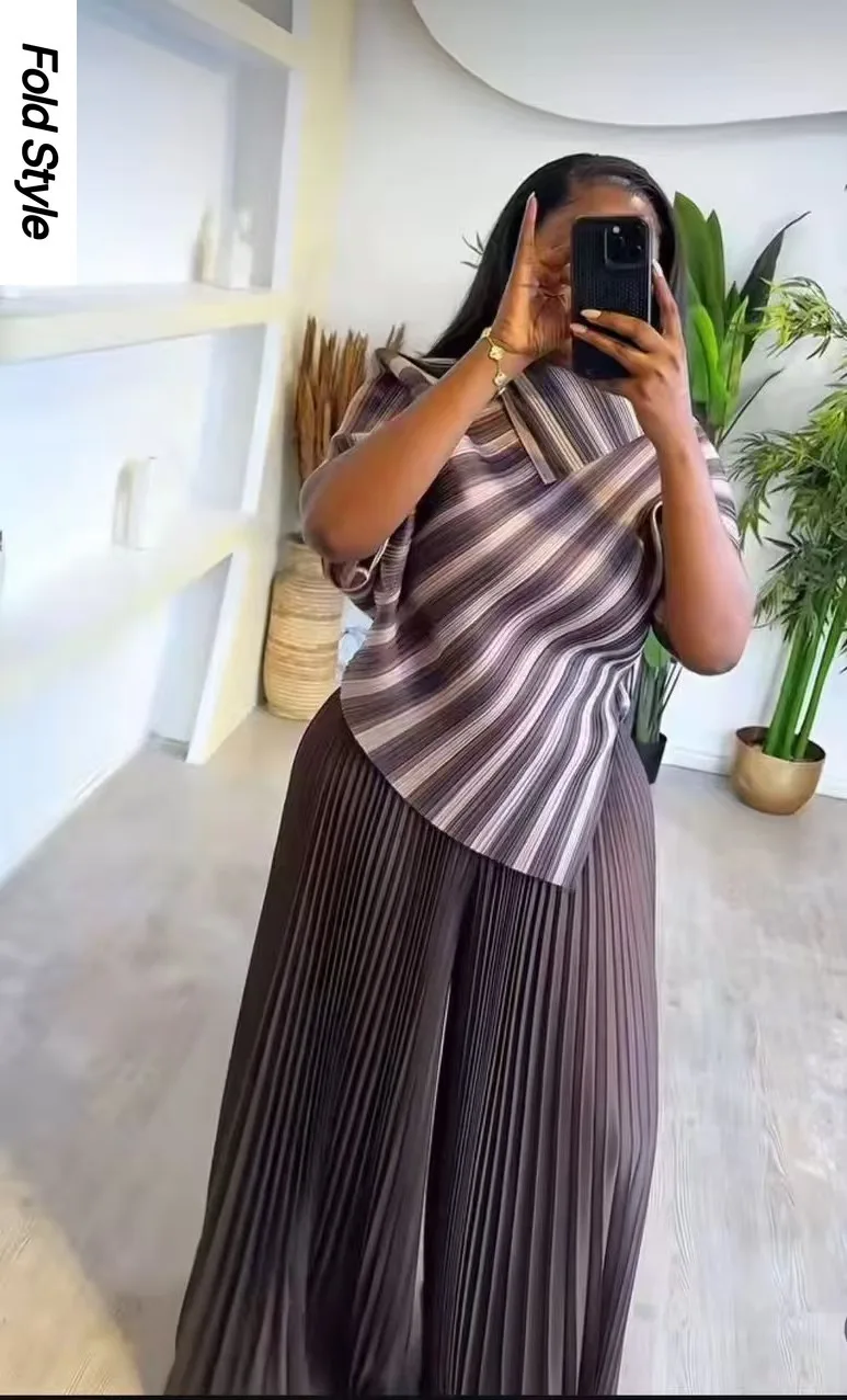 Striped Pleated 2 Piece Set Women Contrast Color Irregular Belt Tops + Long Trousers Elegant 2024 New Clothing