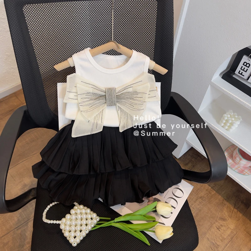 Girls' Suit Summer New Girls' White Vest with Bow + Princess Cake Skirt Two-piece Set  Girls Clothes