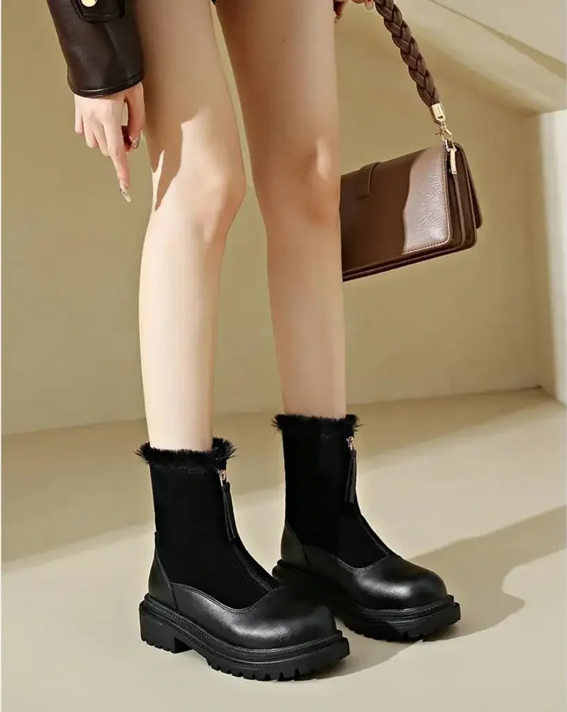 

2025: теплые плюшевые ботинки, женская зимняя обувь, замшевая обувь «Челси», повседневные женские ботильоны на платформе с круглым носком, меховые готические ботинки, Botas Feminina, коричневые