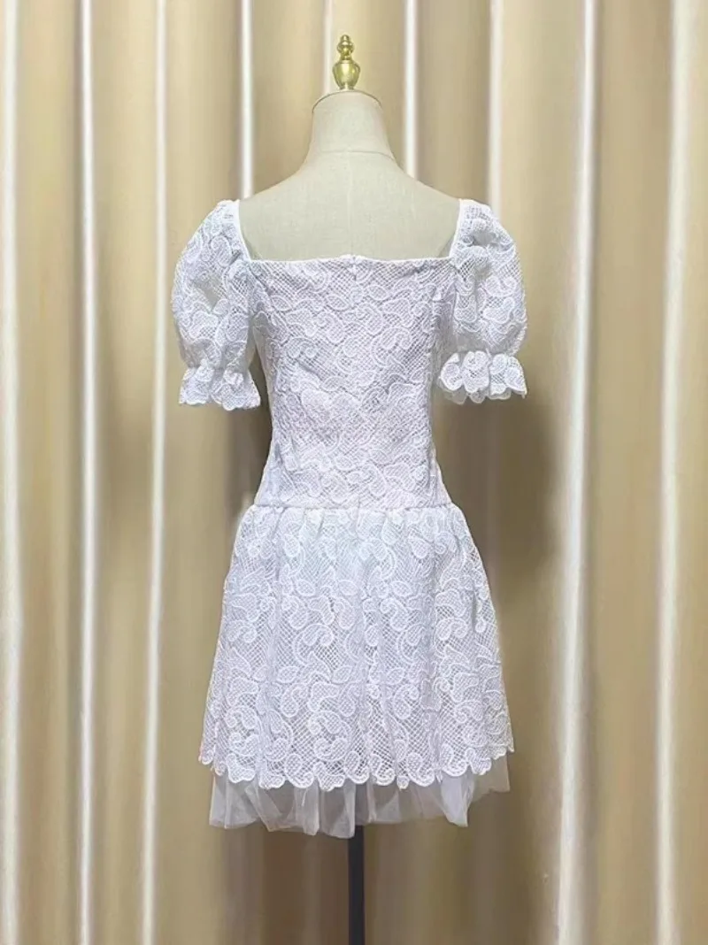 White Lace Dress for Women Elegant Embroidery Floral Bow Bodycon Dresses Square Neck Short Sleeve Holiday Party Vestidos