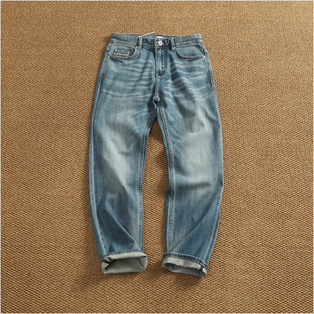 

High-end edging cloth red-eared denim jeans men's loose straight tapered elastic wash trousers