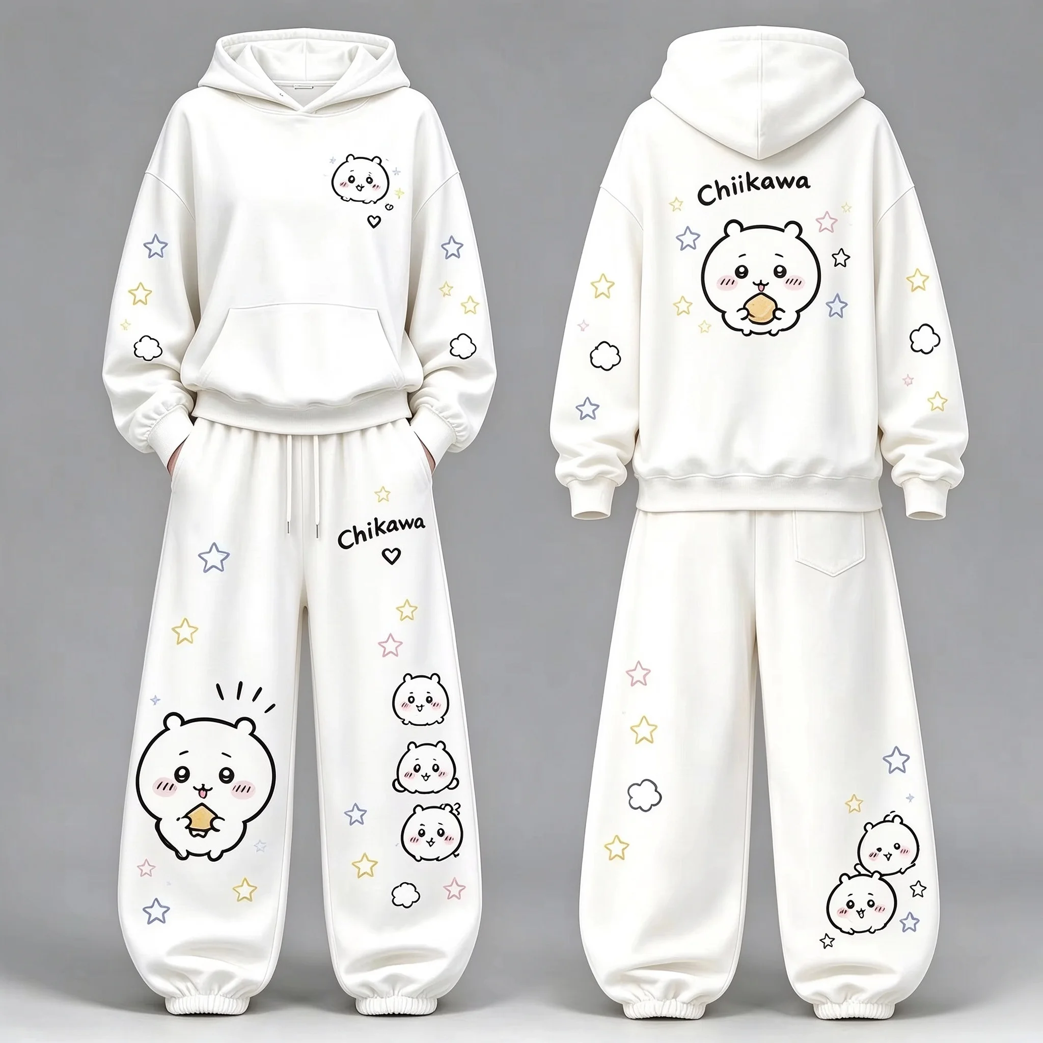 26/27 New Chiikawa Cute Cartoon Print Hoodie Tracksuit Fan Collection Autumn Winter Unisex Casual 2 Piece Outfit FamilyMatching