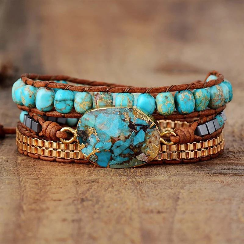 

Imperial Stone Turquoise Woven Bracelet Success and Prosperity Boho Three Layers Wrapped Hand Woven Leather Rope Bracelet