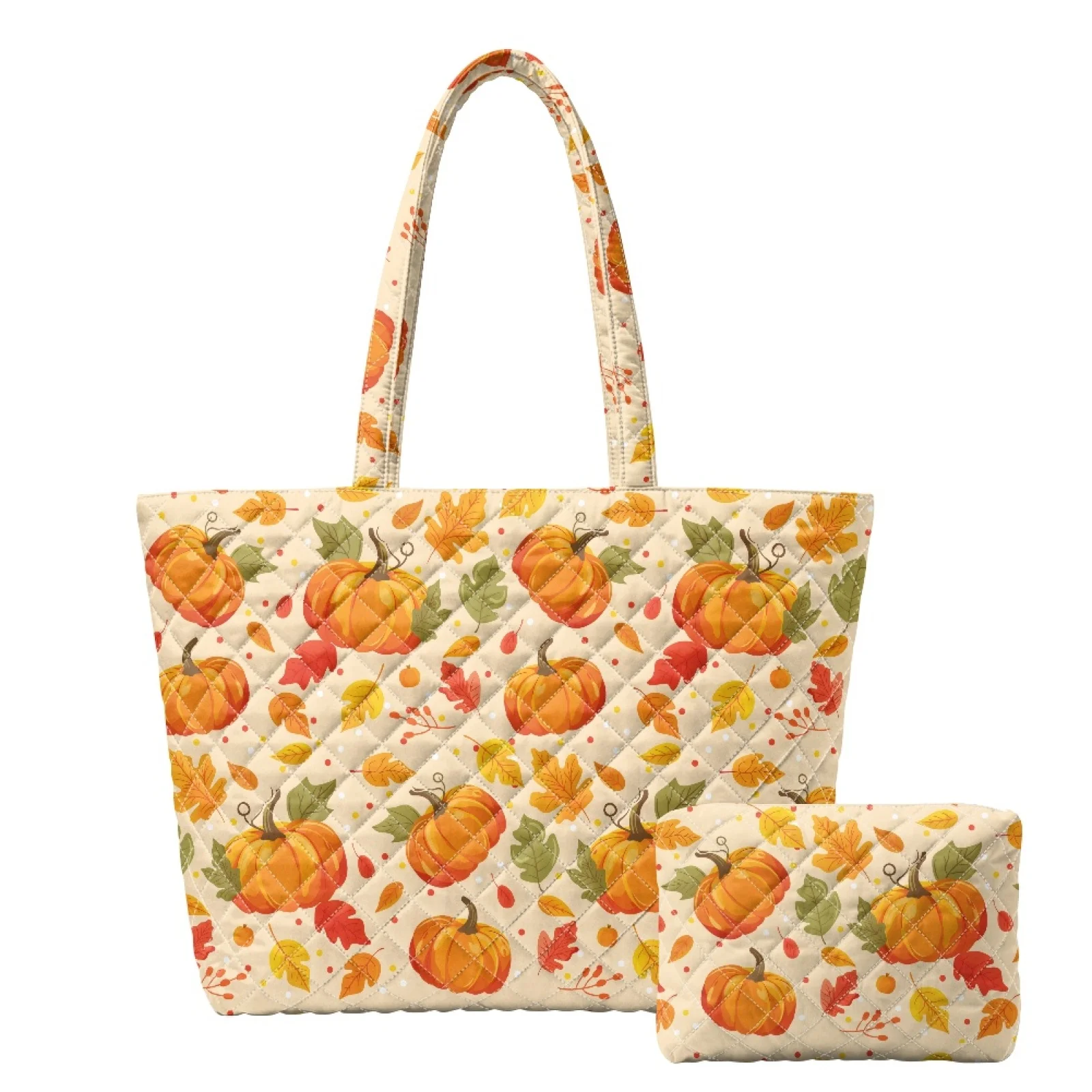 Coloranimal Christmas 2 Pieces Embroidered Quilted Shoulder Tote Bag with Cosmetic Pouch, Lightweight Set for Commuter