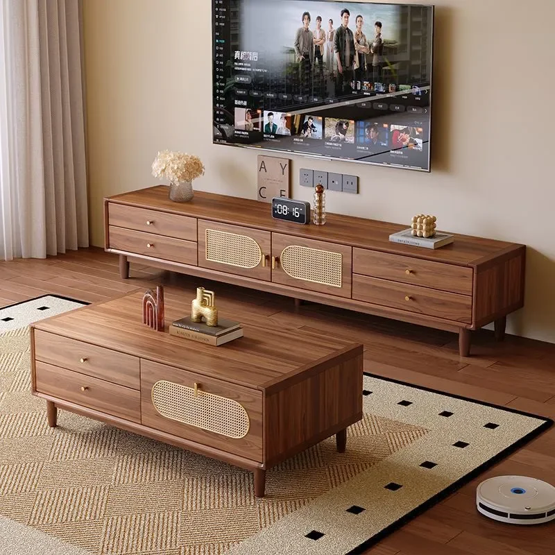 2026 New Retro Solid Wood Coffee Table and TV Cabinet Combo Living Room Simple Light Luxury Floor Storage Unit Home Furniture