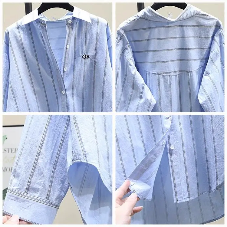 ฤดูใบไม้ร่วงปักตาสีฟ้าลายเสื้อผู้หญิงใหม่สไตล์เกาหลีหลวม Slim เสื้อแขนยาวอินเทรนด์