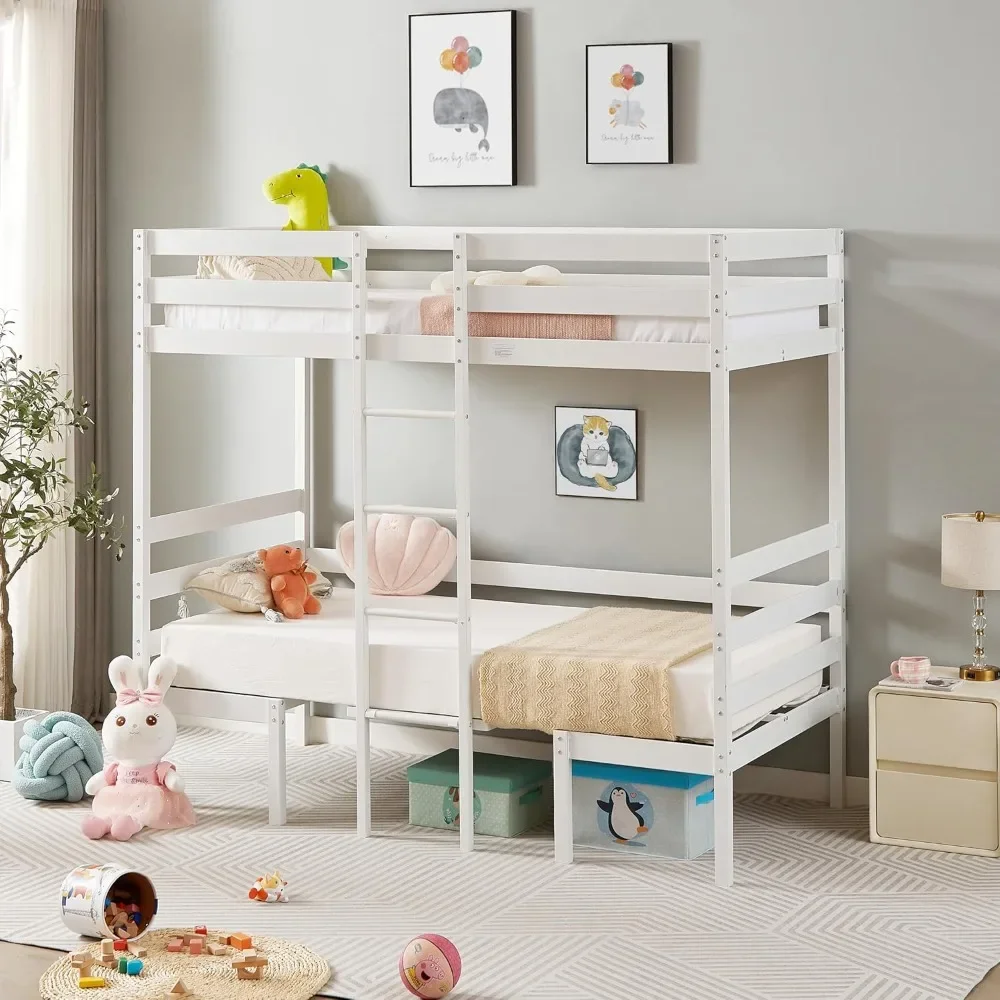 Twin Over Twin Bunk Beds for Kids Teens Boys and Girls, Convertible Upper Bed,Padded Seats,Bedroom Furniture,Space-Saving, White