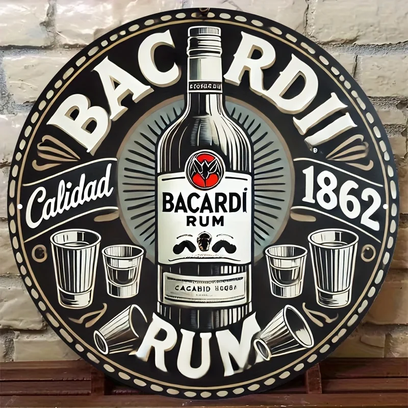 2D Flat - 1pc Bacardi Rum 18.62inch Round Aluminum Sign - Vintage Style with Bacardi Bottle & Glasses Design, Durable Metal