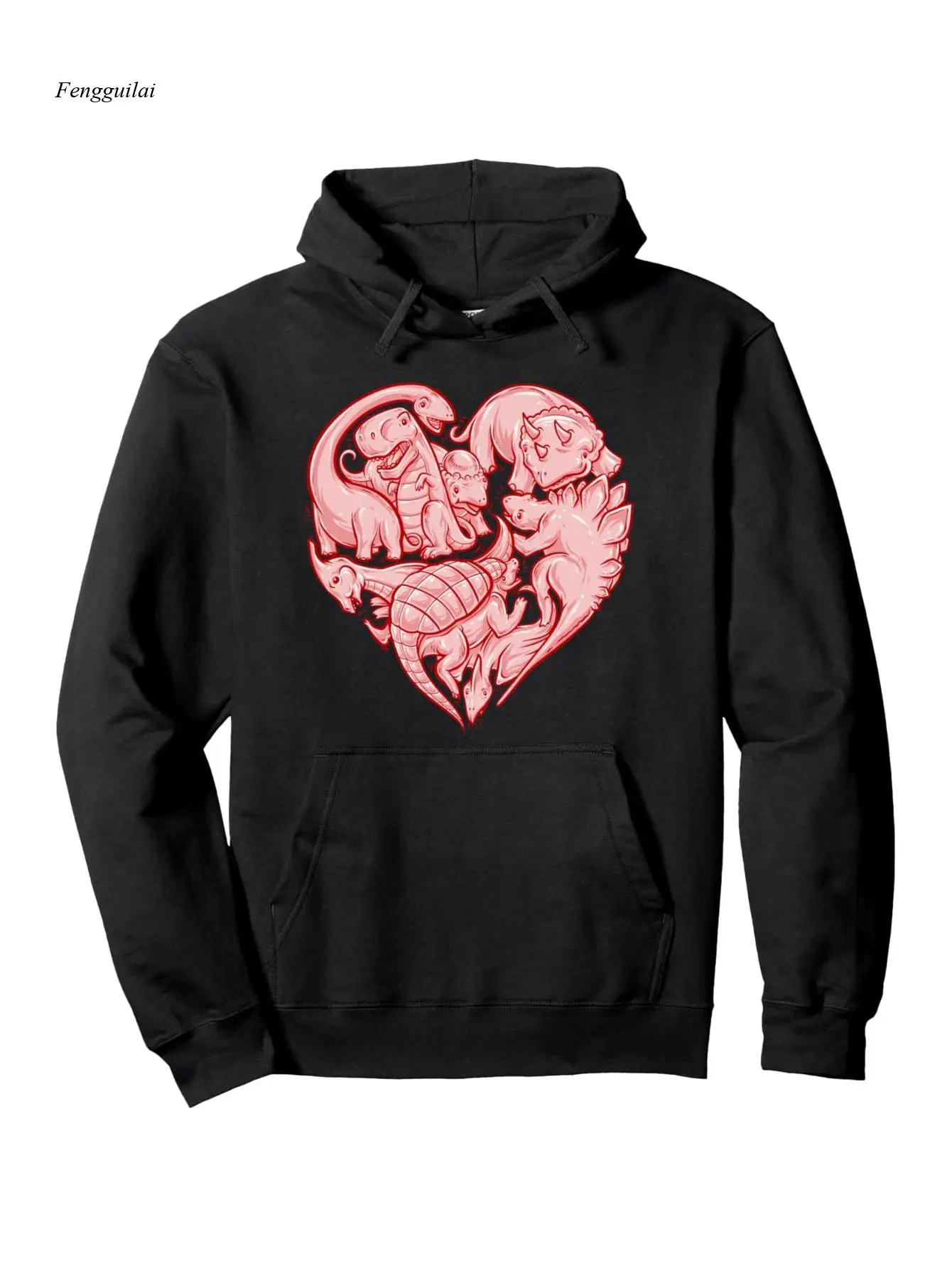 かわいい恐竜のハート柄バレンタインデーパーカー - ピンクと黒のロマンチックな恐竜カップルデザイン