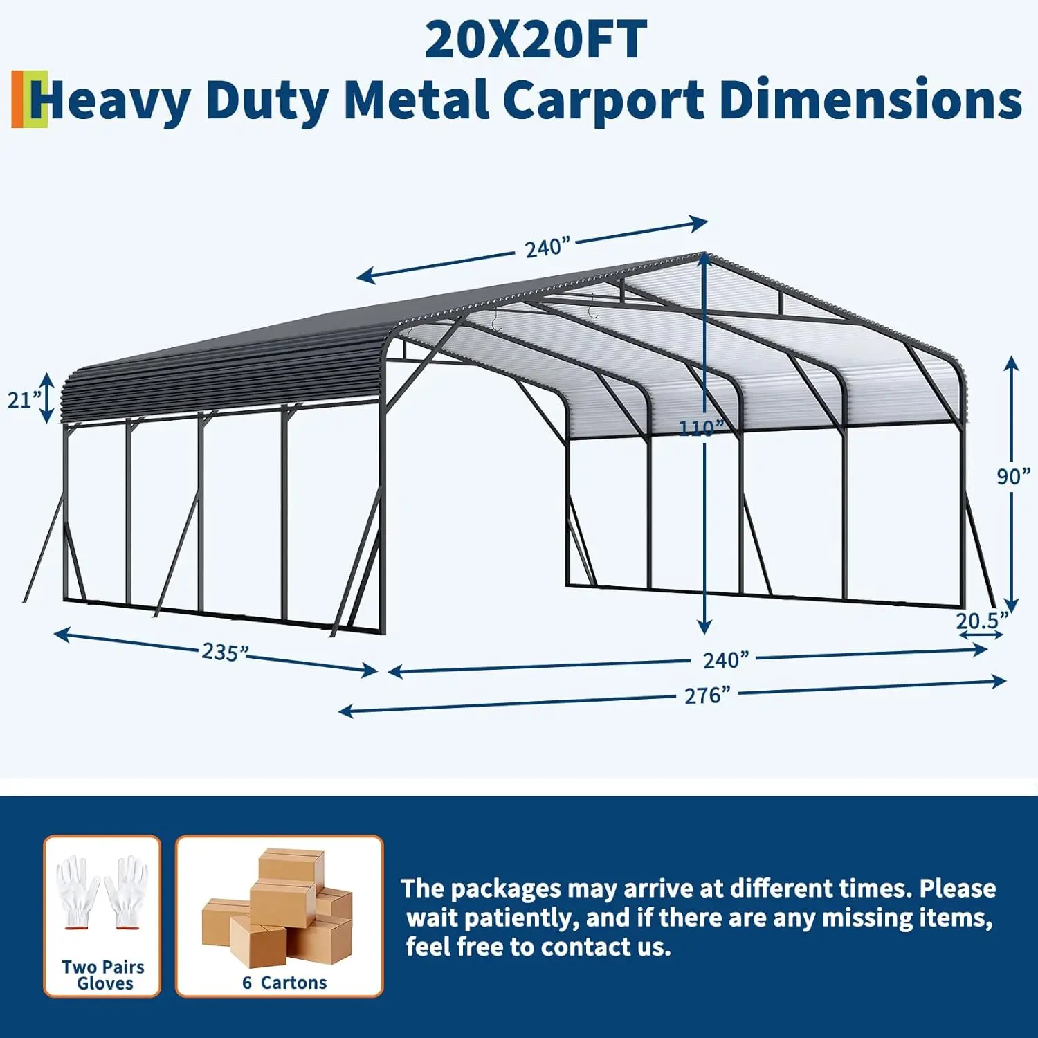 20x20 FT Metal Carport Heavy Duty Galvanized Steel Roof Reinforced Base Outdoor Car Shelter SUV Truck Boat, Customized