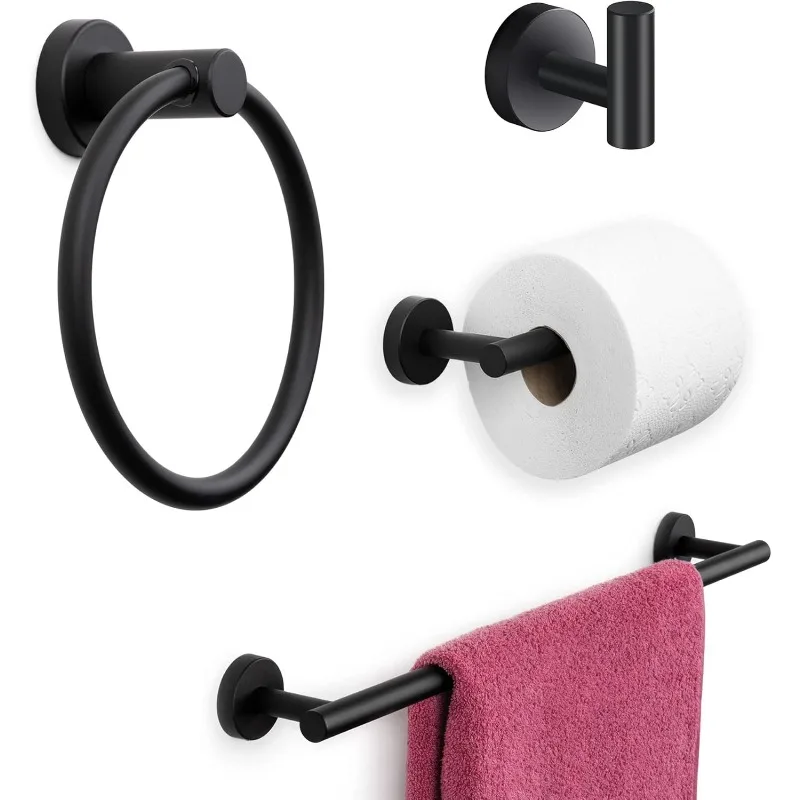 

4 Piece Matte Black Bathroom Hardware Set - Towel Rack Set, Towel Holder & Wall Mounted Fixtures - Stainless Stee