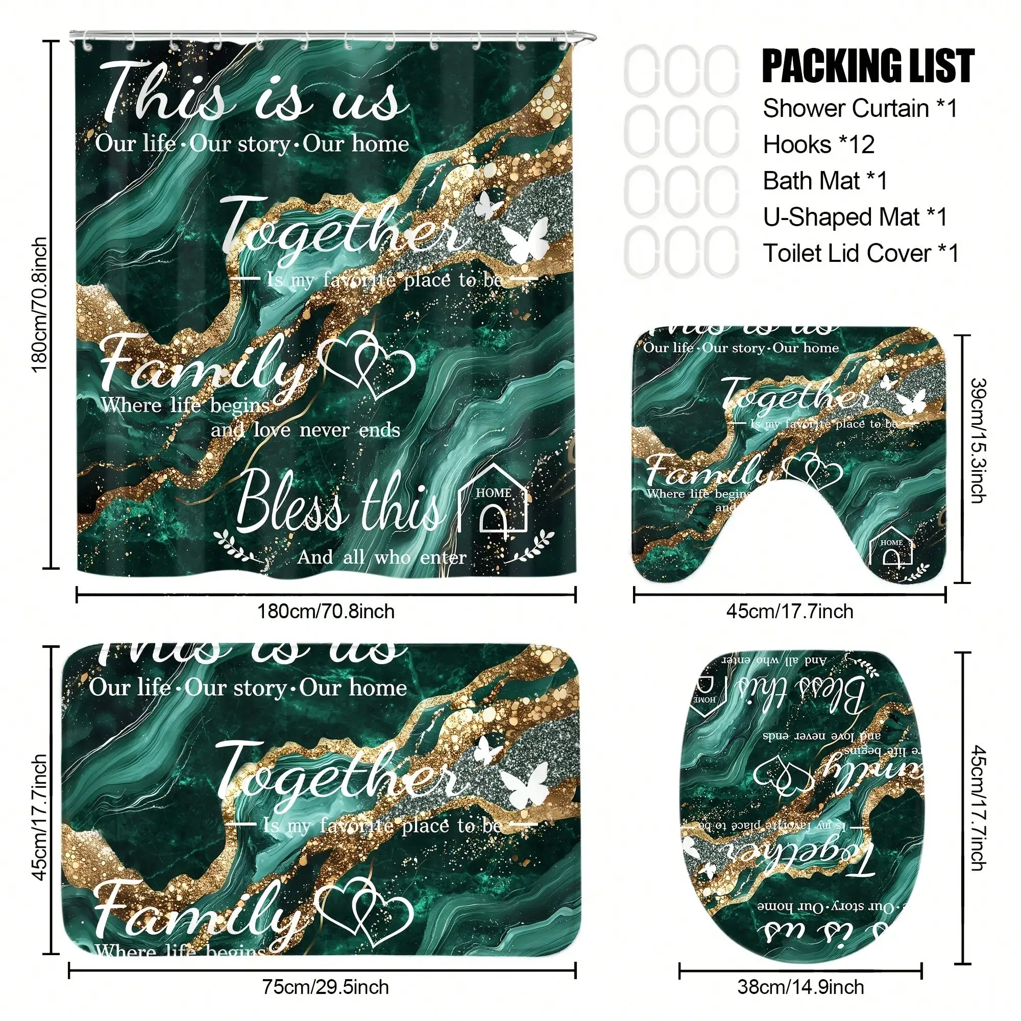 [Luxury Marble Bathroom Set] 4pcs Family Shower Curtain Set, Luxury Marble Bathroom Sets Full Set, Golden Green Shower Curtain with, Includes 12 Hooks, Toilet Lid Cover, Non-Slip U-Shaped, Decorative Bath Curtain for Home - view 2