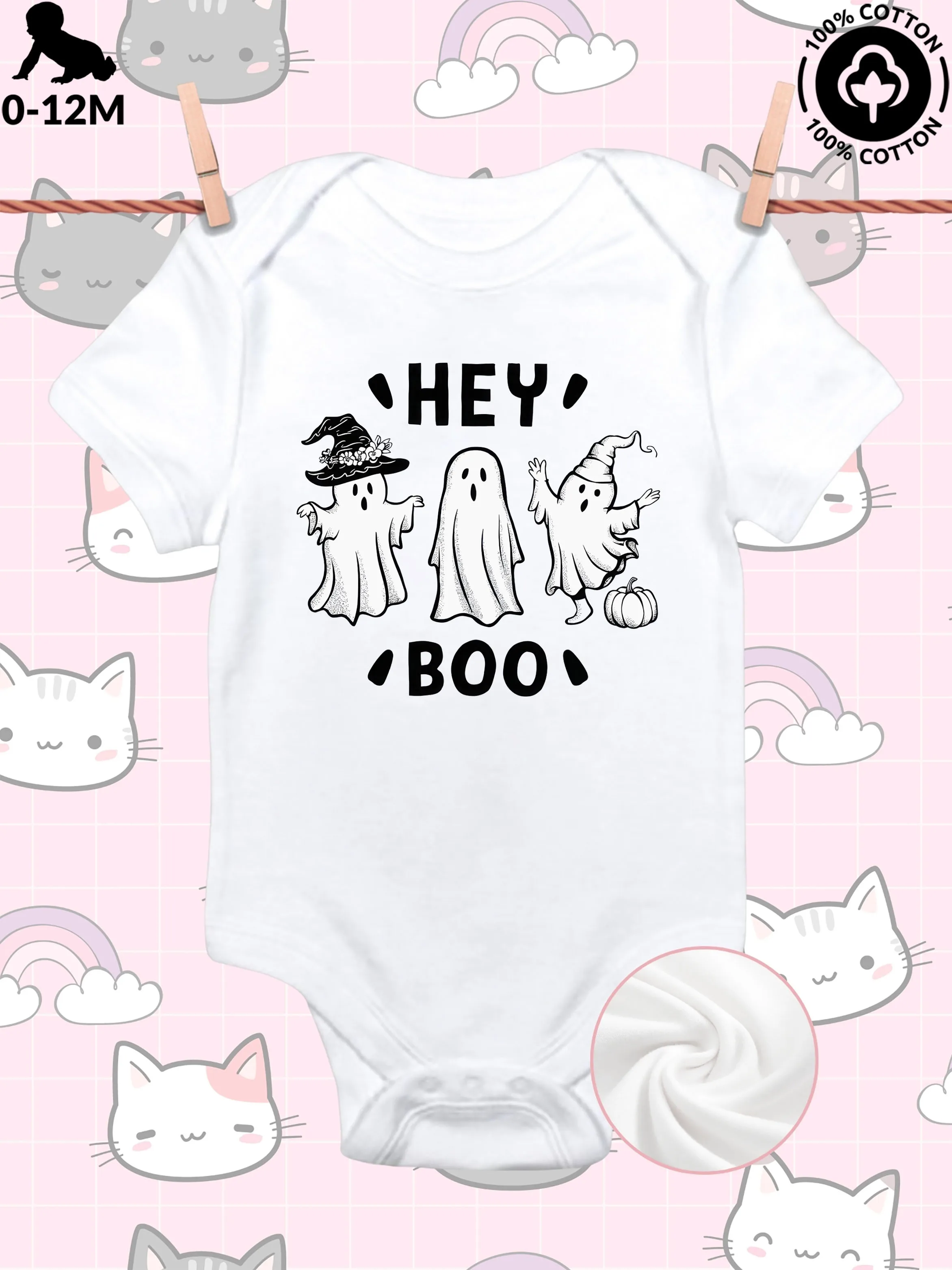 

Милый комбинезон-слип унисекс для малышей "Hey Boo", из чистого хлопка, мягкий, всесезонный, белый, 190 г/м²