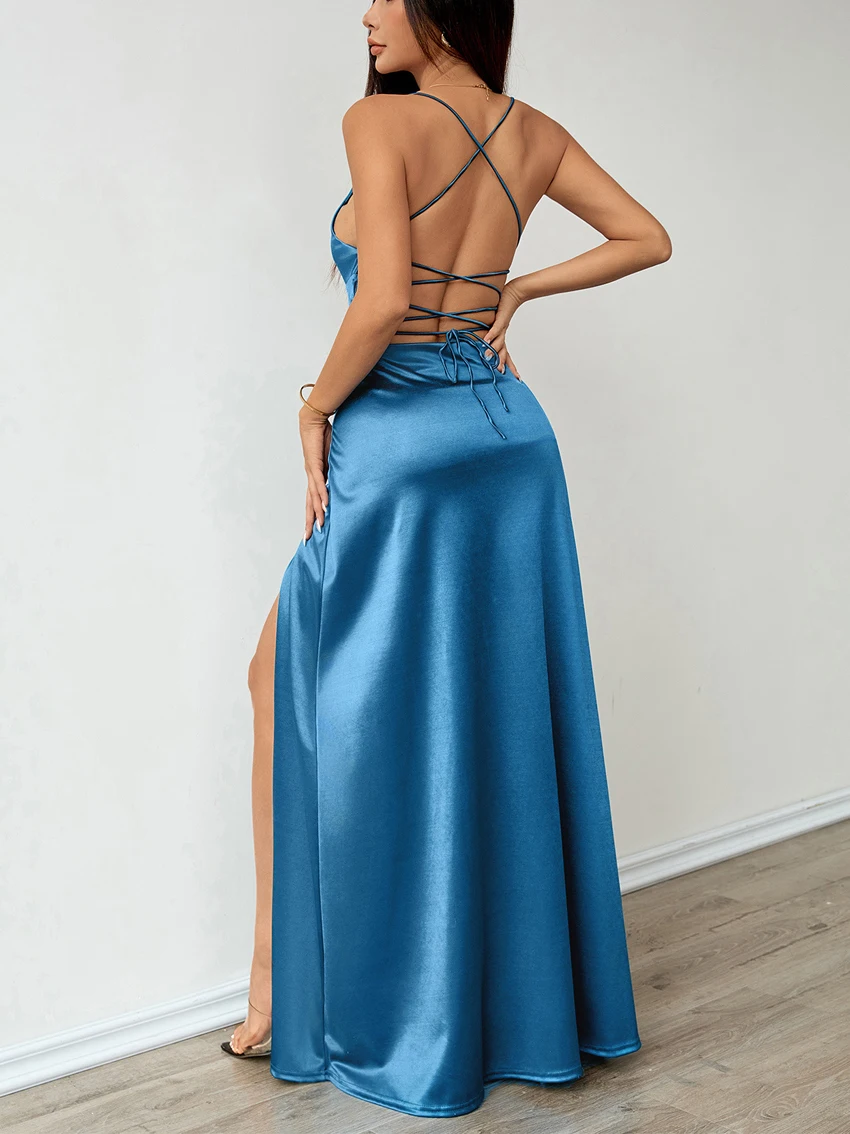 2026 Vネック スパゲッティストラップ サテン ドレス レディース イブニングパーティーガウン 新年 バックレス スリット入り レディースドレス バンケット ロングドレス