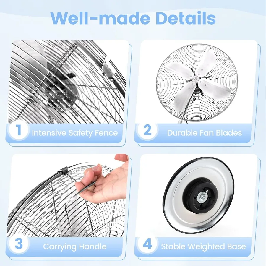 16인치 회전식 선풍기, 3단계 속도 조절, 높이 조절 가능, 75도 회전, 20도 기울기, 견고한 금속 알루미늄 날개 스탠드