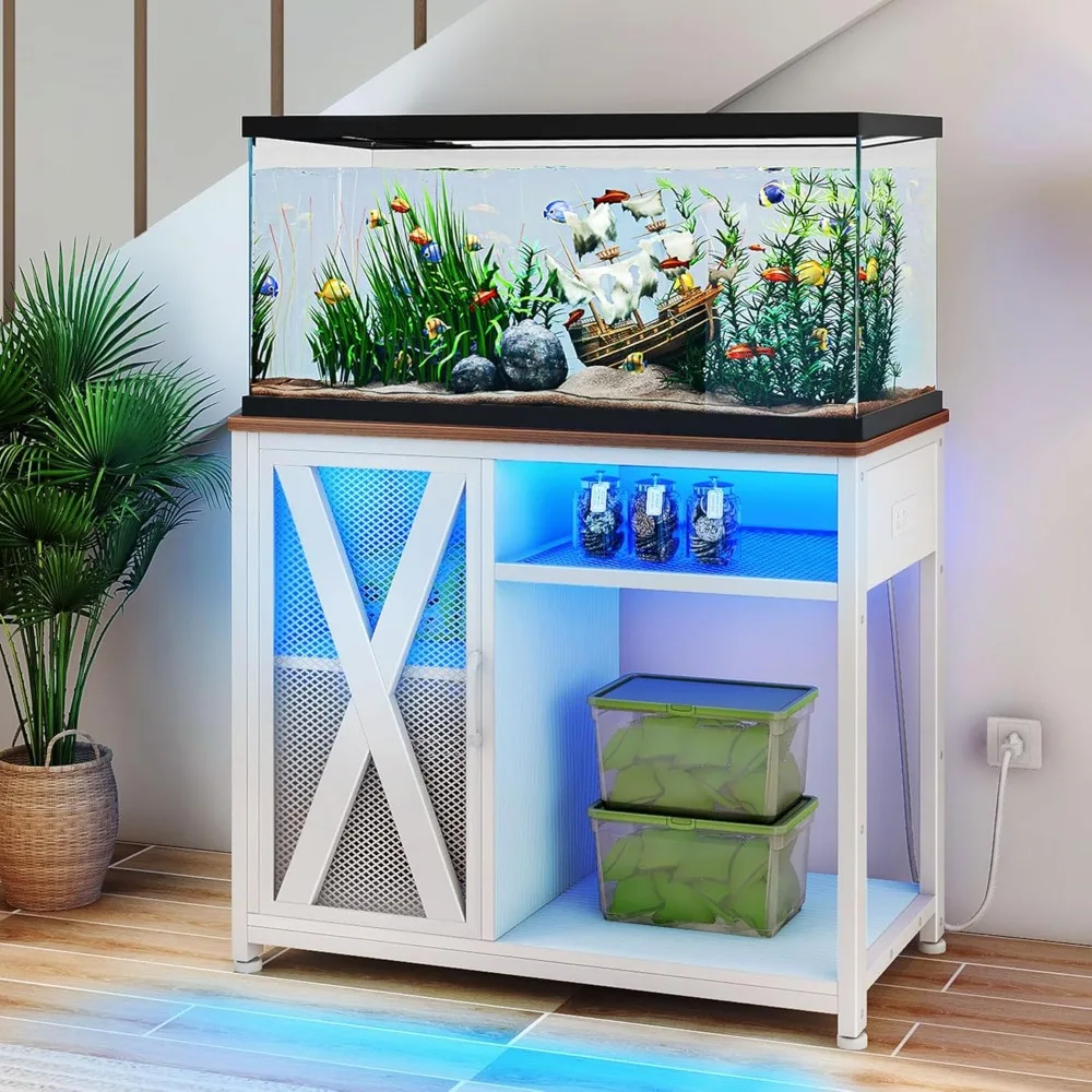 

40-50 Gallon Aquarium Stand with Power Outlets & LED Light, Cabinet for Fish Tank Accessories Storage