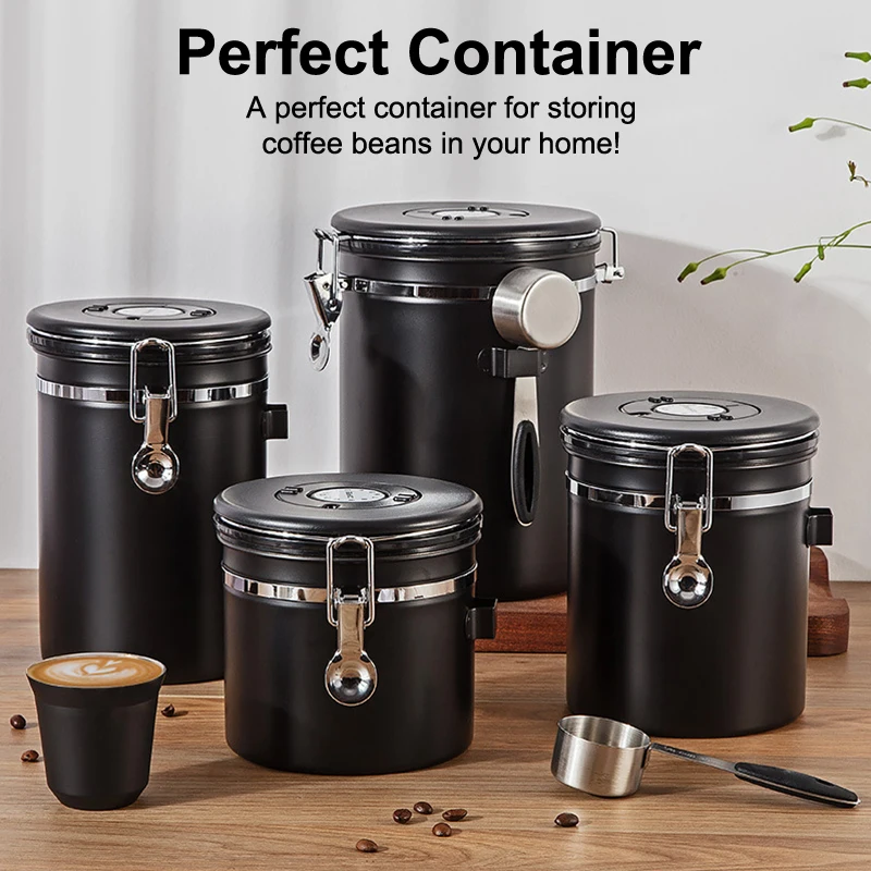 

1.2 /1.5 /1.8L Coffee Bean Jar Airtight Canister Sealed Stainless Steel With Spoon One Way Valve Cannister Coffee Storage