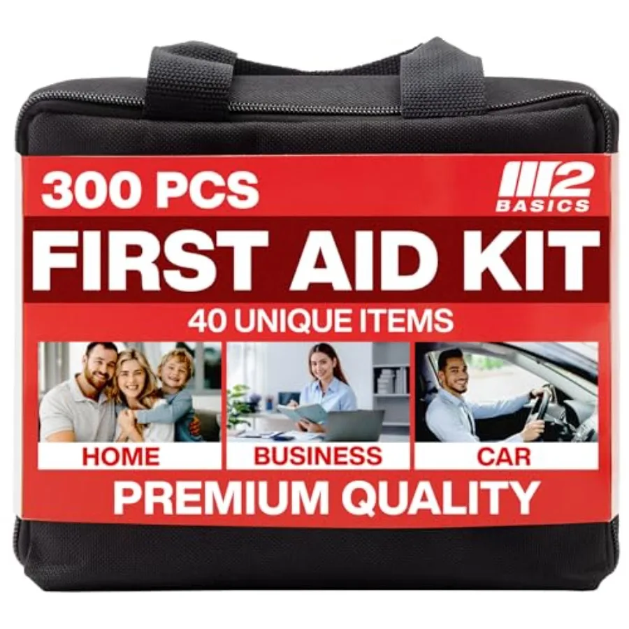 

M2 BASICS 300 Piece First Aid Kit, 40 Items, Compact Emergency Medical Kit with Durable Carry Bag for Home, Car, Travel, Office